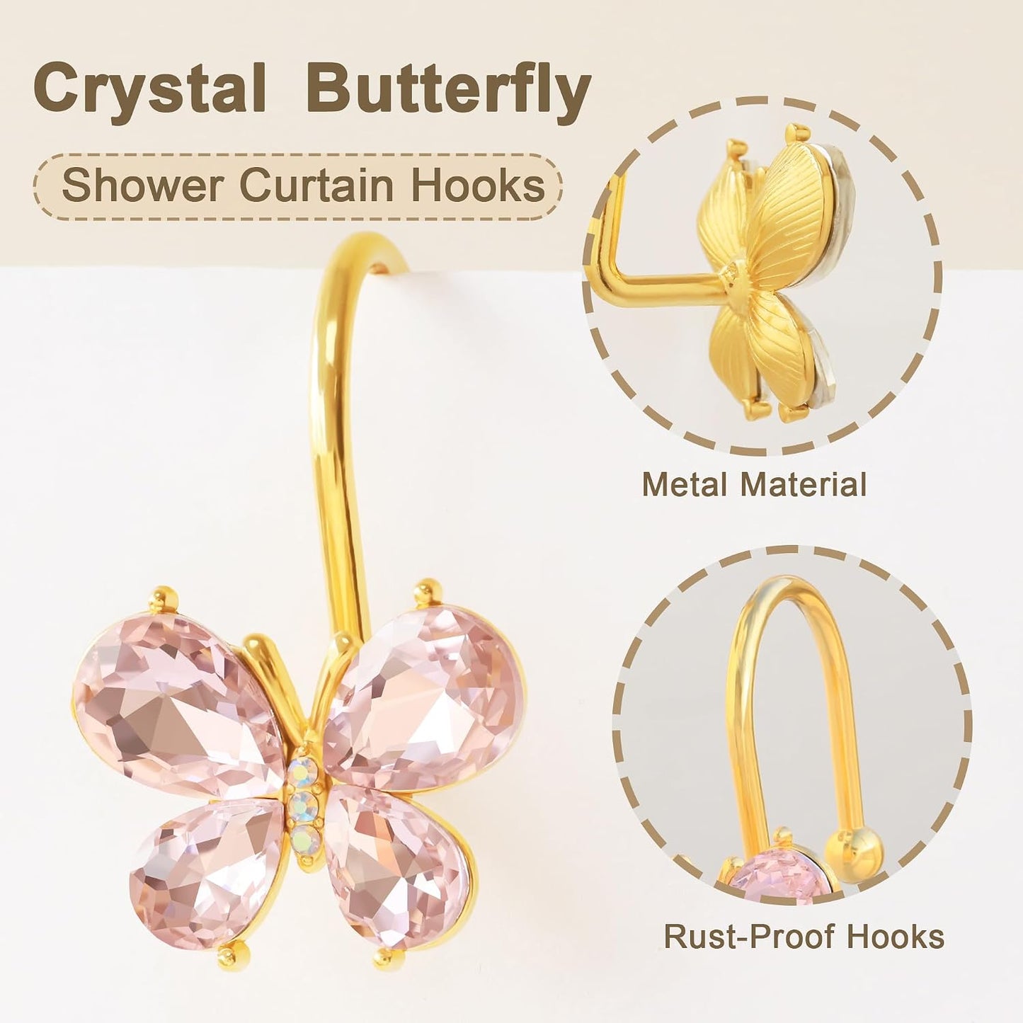 Shower Curtain Hooks,12Pcs Rust Resistant Glitter Crystal Butterfly Metal Decorative Shower Rings Hangers for Bathroom Curtains, Clothing, Towels (Pink)
