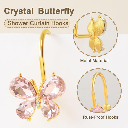 Shower Curtain Hooks,12Pcs Rust Resistant Glitter Crystal Butterfly Metal Decorative Shower Rings Hangers for Bathroom Curtains, Clothing, Towels (Pink)