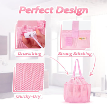 famichan Mesh Shower Caddy Portable with Drawstring, Dorm Room Essentials for College Students Girls, Large Shower Bag for Camping,Swimming,Gym,Travel,Bathroom - Pink