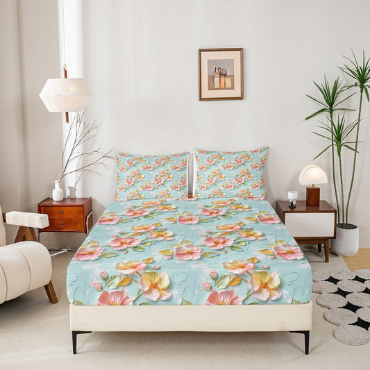 Pink Flower Bed Sheets for Kids Girls Women, Spring Peach Blossom Water Color Fitted Sheet Green Leaves Plant Sheets Full, Garden Botanical Daisy Bed Set, Cute Room Decor Aesthetic