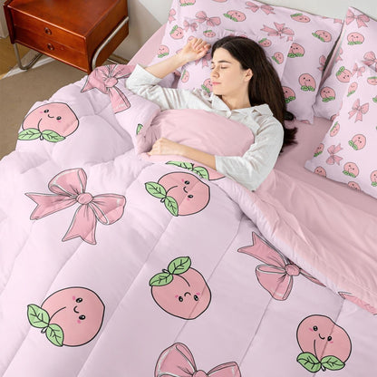 Erosebridal Bowknot 7 Piece Bedding Set Twin Peach Comforter Set with Sheets Cute Cartoon Peaches Kawaii Pink Bow Bed in a Bag Fruit Princess Ribbon Bowtie for Kids Boys Girls