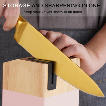 Kitchen Knife Set with Block and Sharpener, 7-Piece Knife Set for Chef, Pink Knife Holder Set, Gold-Plated Stainless Steel Kitchen Knife, Ergonomically Designed (Pink)