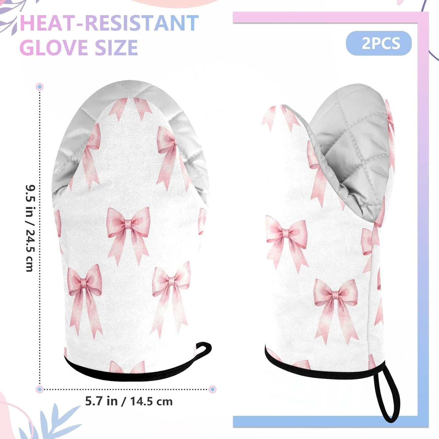 Pink Bows Ribbons Non-Slip Oven Mitts Set Heat Resistant Kitchen Gloves with Quilted Liner Cotton Machine Washable with Hanging Loop for Baking Grilling BBQ