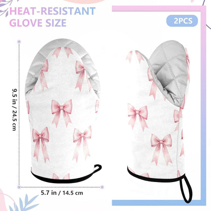 Pink Bows Ribbons Non-Slip Oven Mitts Set Heat Resistant Kitchen Gloves with Quilted Liner Cotton Machine Washable with Hanging Loop for Baking Grilling BBQ