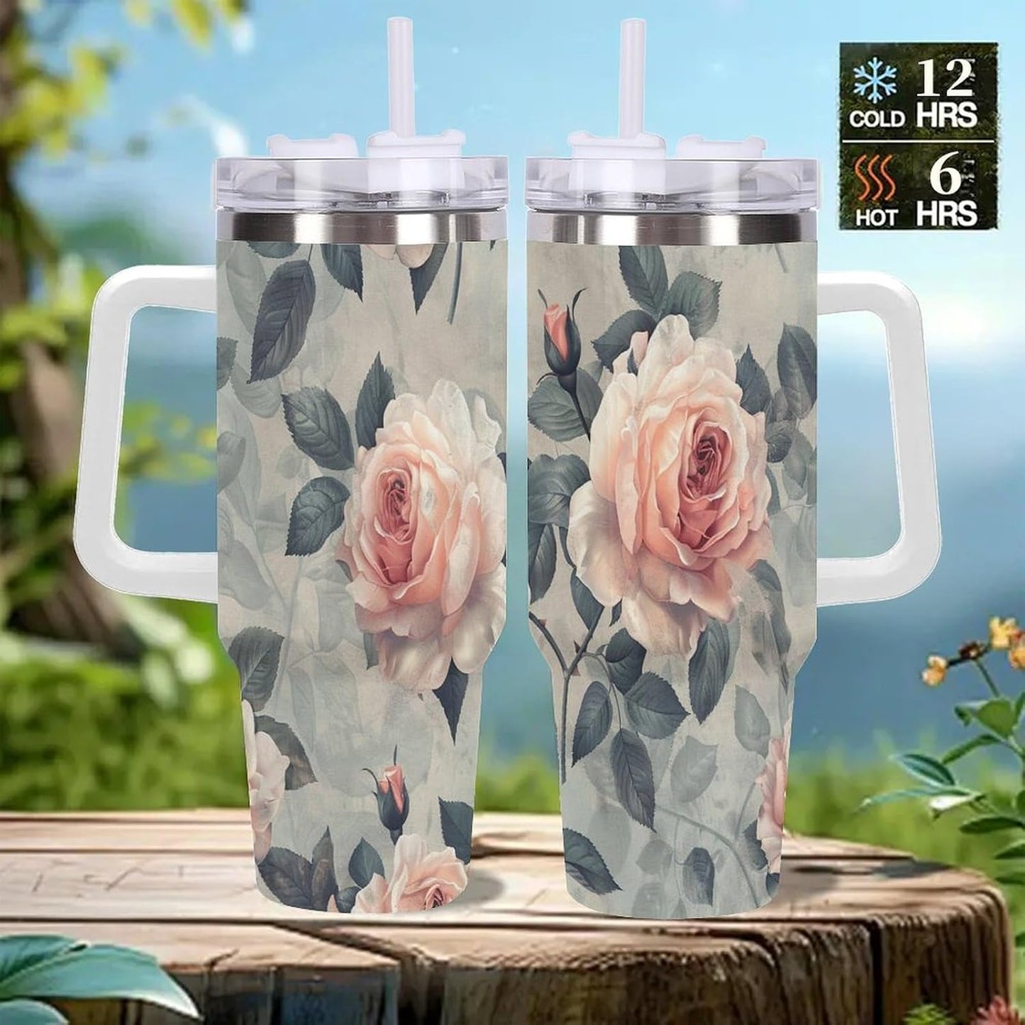 40oz Tumbler with Handle, Peach Rose Pattern With Green Leaves Printed Stainless Steel Travel Mug, Insulated Car Cup with Straw, Keeps Drinks Hot & Cold, Personalized Gift for Women & Men
