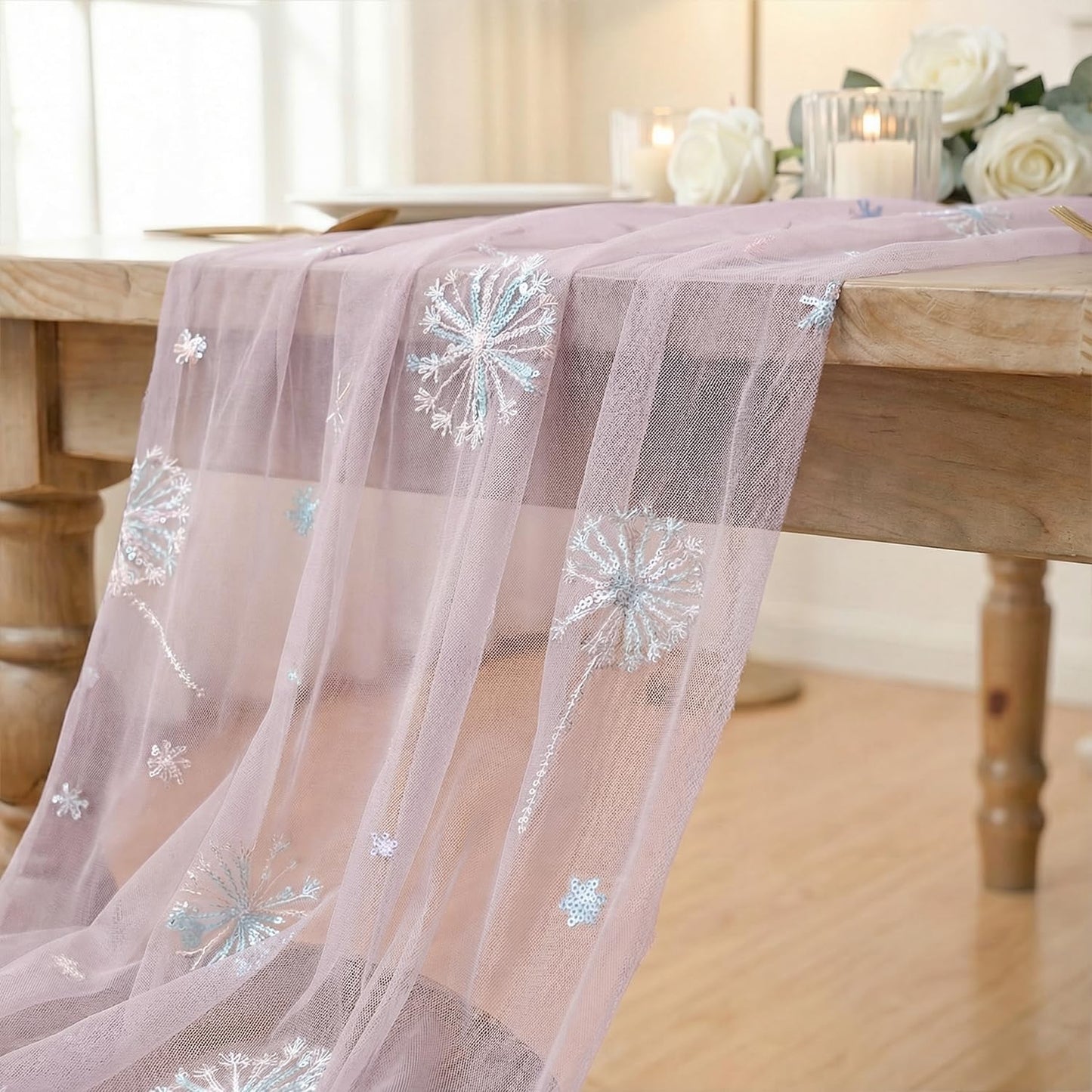 Artoid Mode Sequin Dandelion Floral Pink Gauze Embroidery Table Runner 120 Inch 10FT, Tulle Spring Kitchen Dining Holiday Table Decor for Home Party