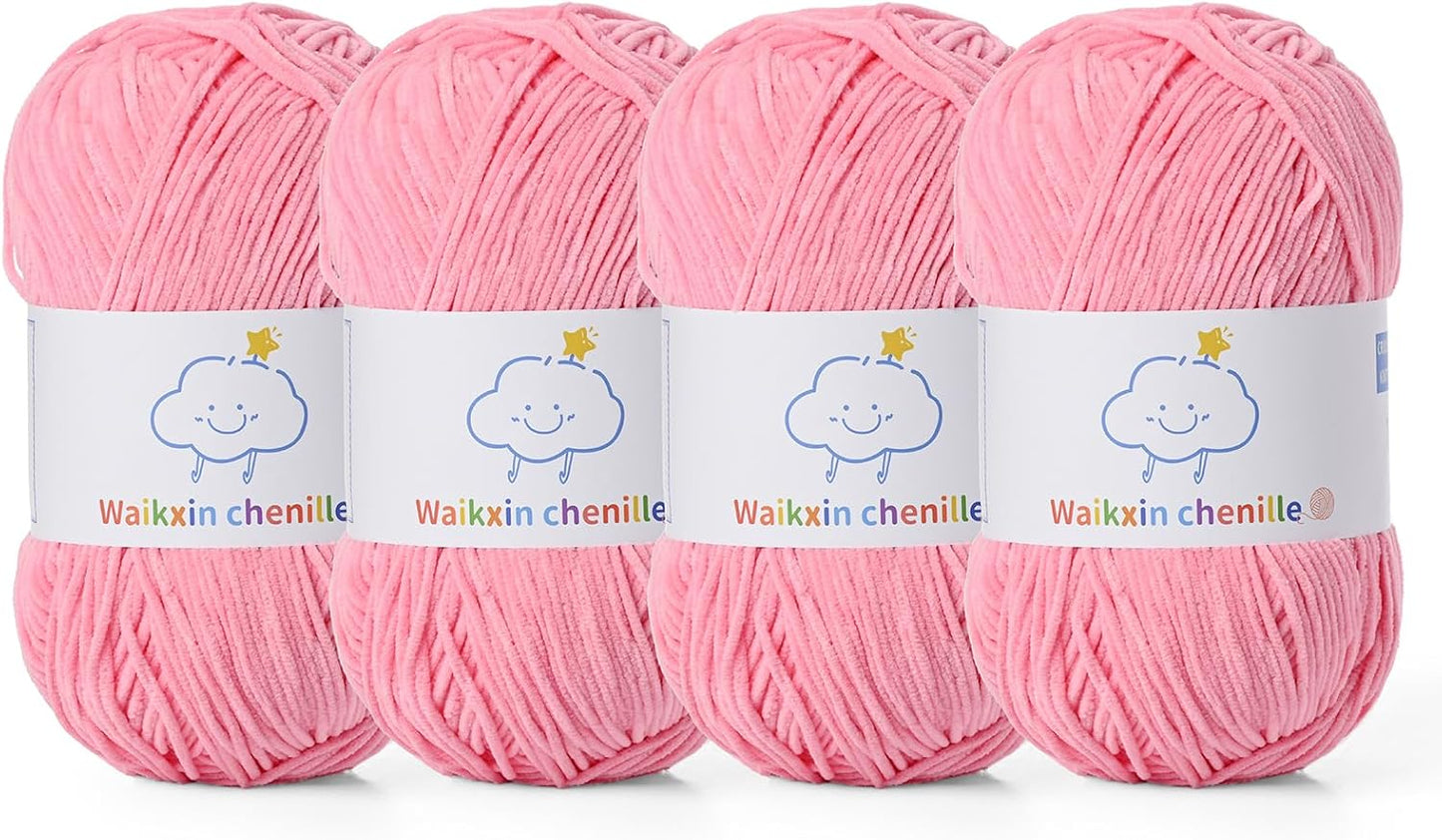Fluffy Chenille Yarn for Crocheting, Baby Yarn for Crocheting Soft, 4 Pack of 100g/3.52oz Velvet Amigurumi Yarn, Fingering Weight Yarns for Crocheting Baby Blankets、DIY Craft.(4 Pink)