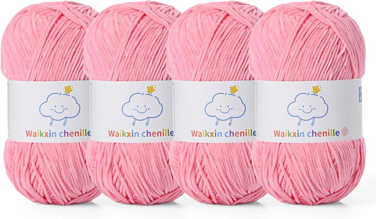 Fluffy Chenille Yarn for Crocheting, Baby Yarn for Crocheting Soft, 4 Pack of 100g/3.52oz Velvet Amigurumi Yarn, Fingering Weight Yarns for Crocheting Baby Blankets、DIY Craft.(4 Pink)