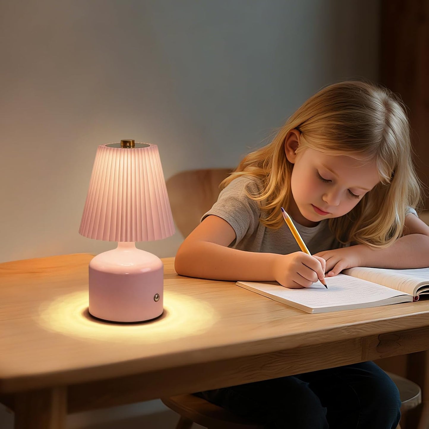 Small Bedside Lamp Rechargeable Table Lamp, Touch Lamps for Nightstand 3 Color Stepless Dimming, Metal Base Pleated, for Bedside, Bedroom, Dining Room, Living Room (Pink)