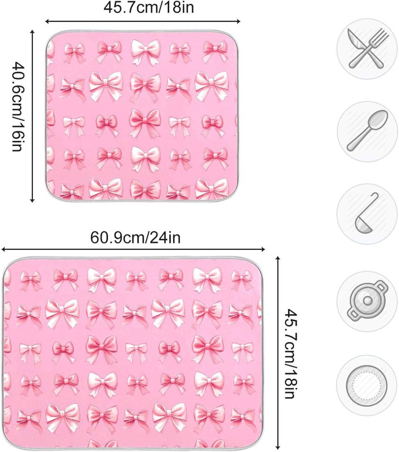 Dish Drying Mat for Kitchen Counter Cute Light Pink Ribbon Bows Absorbent Drying Dish Mat 16×18 inch Dish Rack Pad Coffee Mat for Sink Dishes Under Rack