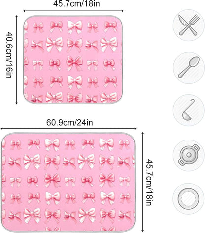 Dish Drying Mat for Kitchen Counter Cute Light Pink Ribbon Bows Absorbent Drying Dish Mat 16×18 inch Dish Rack Pad Coffee Mat for Sink Dishes Under Rack