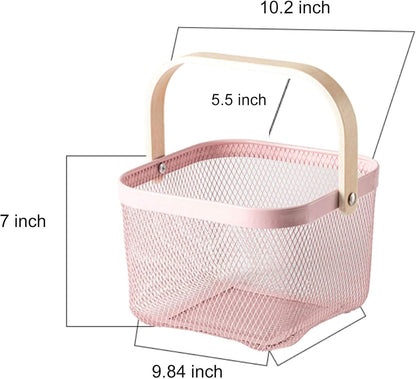 AJIODA Metal Mesh Steel Basket, Storage Organizer Basket Multi-functional Hanging Kitchen Baskets Fruit Basket Bin with Bamboo Handle for Kitchen Bathroom Picnic Shopping Decor Cabinet Home, Pink