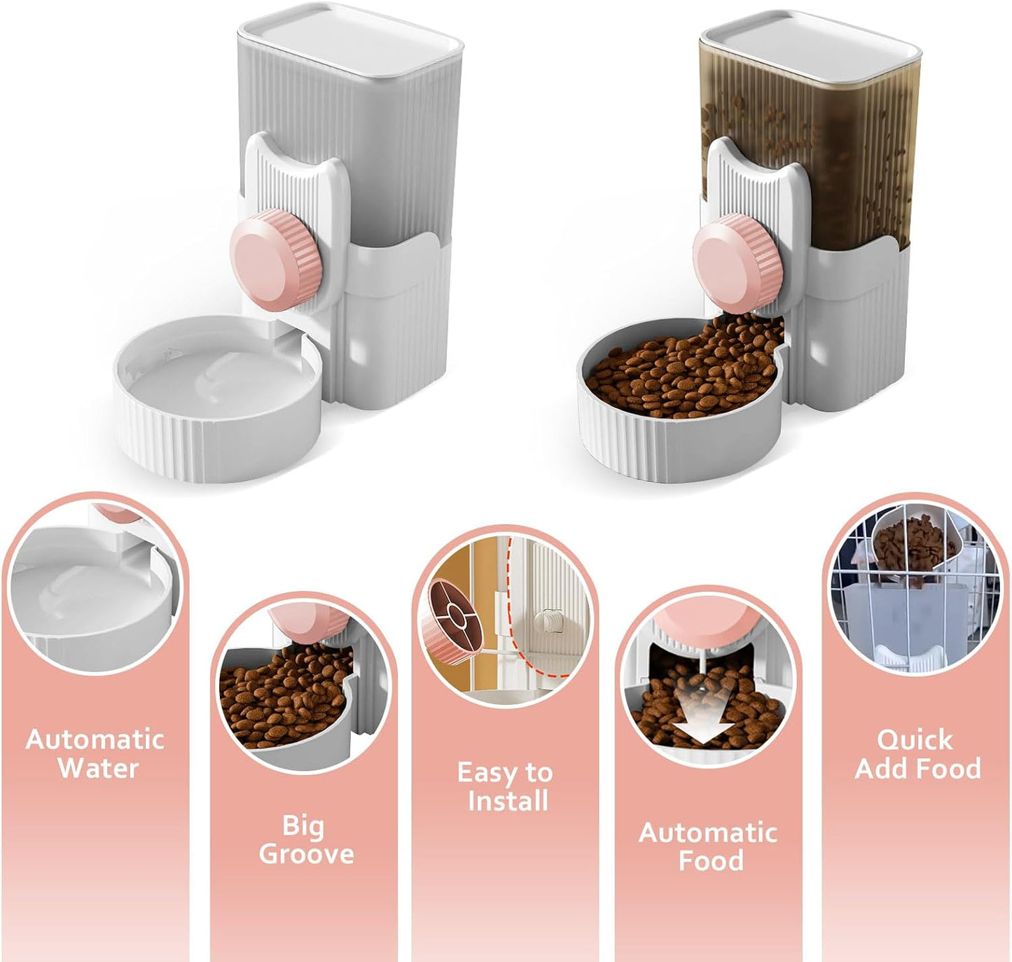 Hanging Cage Automatic Small Pet Food Bowl Water Bottle Dispenser, 1L Auto Gravity Pet Feeder and Waterer Set Kennel Feeding Station Crate Feeder Dish for Rabbit Puppy Cats Ferret (Pink)