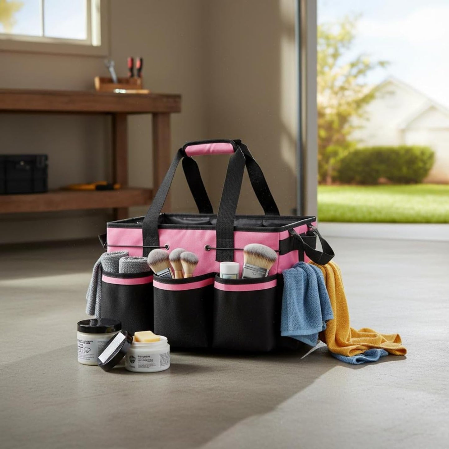 Janitorial Supply Bag Waterproof Housekeeping Tool Bag Portable Cleaning Supply Carrier for Housekeepers, Pink Black