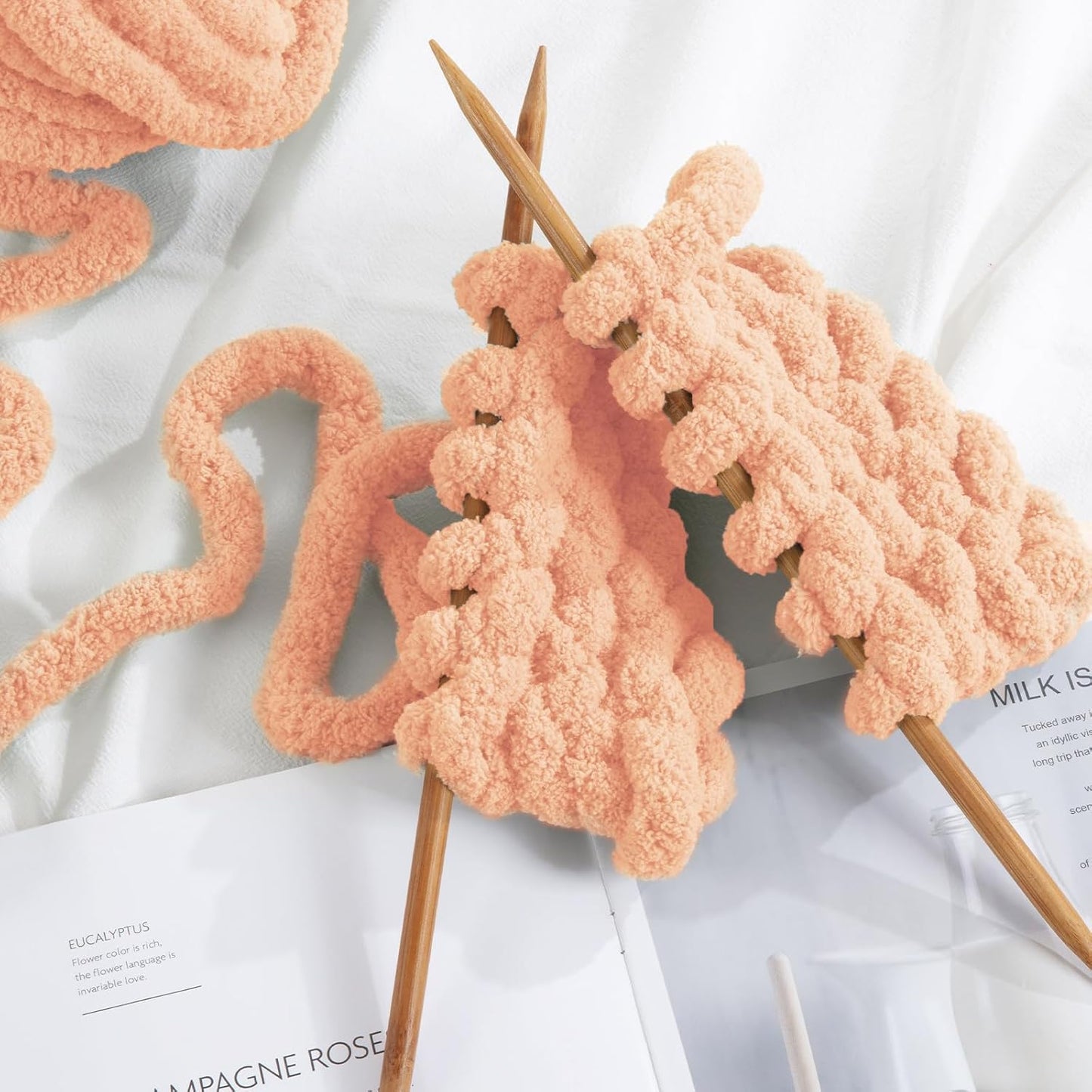 Hombys Apricot Pink Chunky Chenille Yarn for Crocheting and Knitting, Super Bulky Thick Fluffy Yarn for Hand Knitting Blanket, Soft Plush Yarn, 8 Jumbo Pack (27 yds, 8 oz Each Skein)