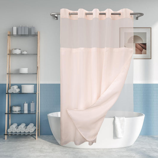 River Dream No Hook Slub Textured Shower Curtain with Snap-in PEVA Liner Set - 71" x 74"(72"), Hotel Style with See Through Top Window, Fabric Outer Curtain & Waterproof Inner Liner, Pink, 71x74
