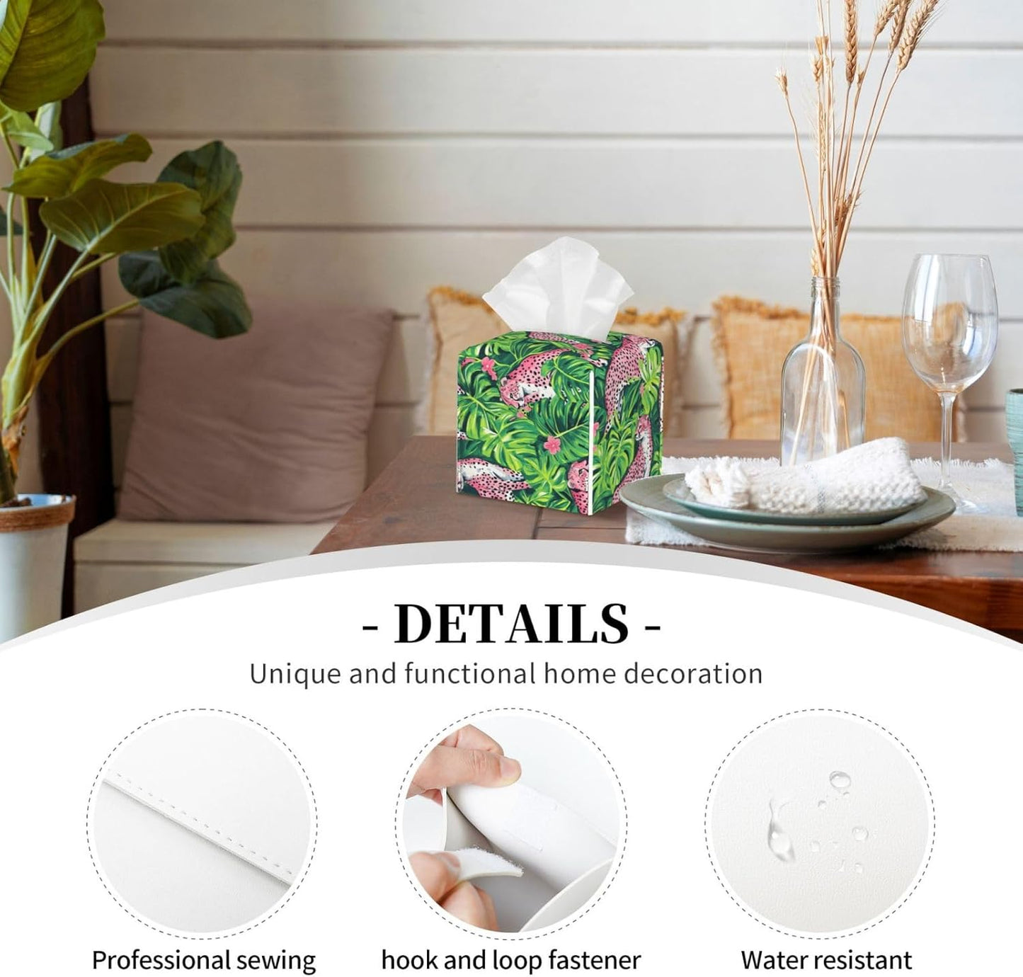 Tropical Plant Pink Leopard Print Tissue Box Cover Square Modern Decorative Tissue Box Holder, Cute Leather Box Cover Car Tissue Holder for Bathroom, Night Stands, Desk, Office Decor