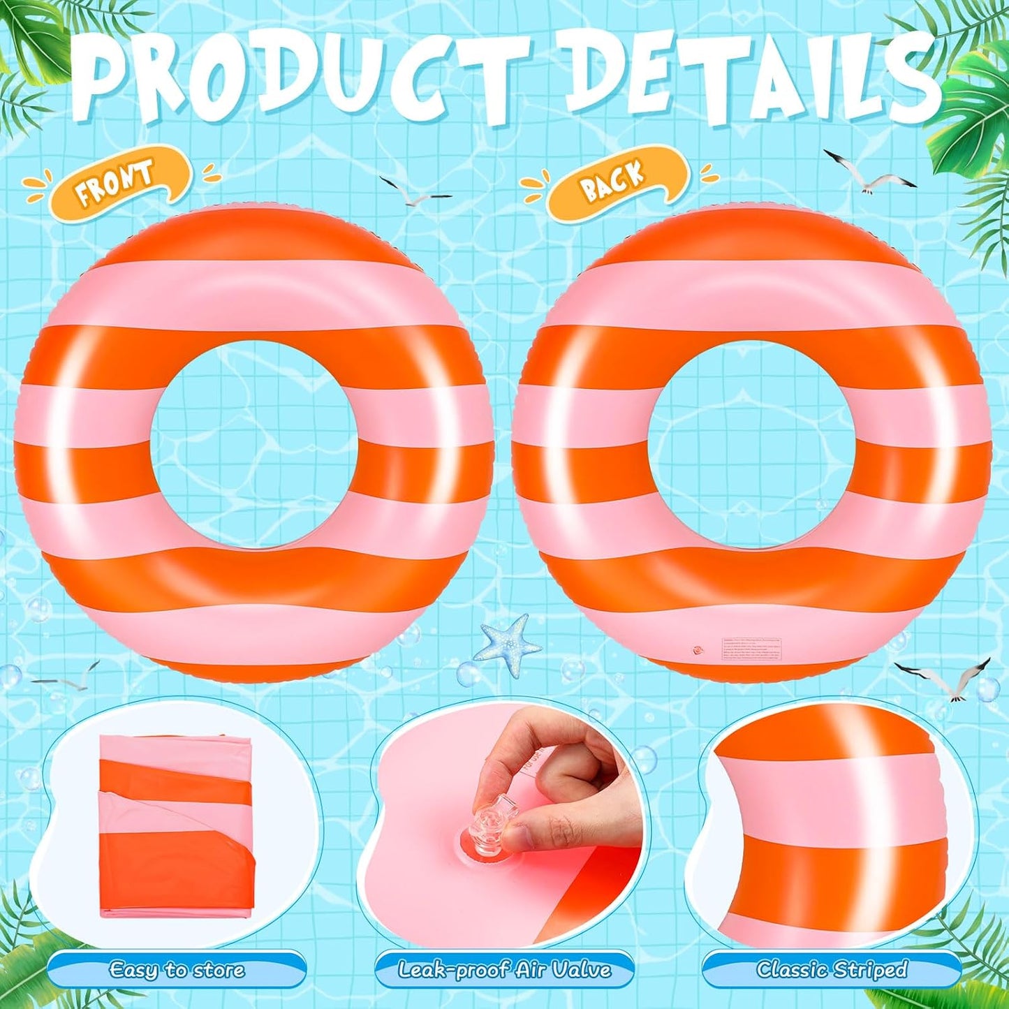Silipull 2 Pcs Large Adult Float Tube 47.24 Inches Stripe Inflatable Swim Pool Ring Floats Single Sided Pink Orange Stripe Pool Tube Swimming Ring for Adults Beach Bachelorette Summer Wedding
