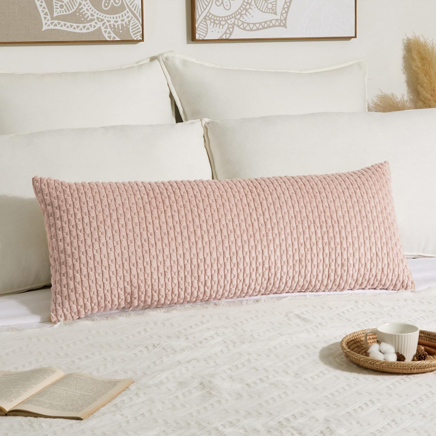 Kevin Textile Valentines Day 20x54 Inch Long Body Lumbar 1 Pack Boho Decorative Throw Pillow Cover Soft Striped Corduroy Rectangle Cushion Case Accent for Living Room Couch Sofa Bed, Light Pink