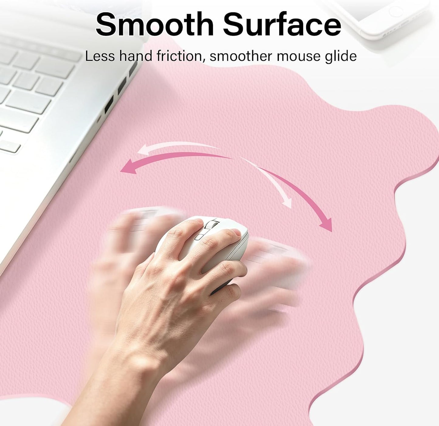 Scalloped Pink Desk Mat, 23.6" x 11.8" Waterproof Large Desk Mat, Non-Slip Computer Mouse Pad and Keyboard Mat, Pink Cute Desk Mat for Office, Work, Home, or Vanity