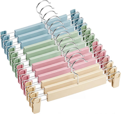 Novabright 12 Pack Pastel Pants Skirt Hangers with Clips Pink Blue Green Yellow Non-Slip Adjustable Hangers Plastic 360° Swivel Hook Space-Saving Trousers Shorts Closet Organizer for Top and Bottom