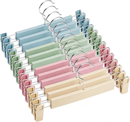 Novabright 12 Pack Pastel Pants Skirt Hangers with Clips Pink Blue Green Yellow Non-Slip Adjustable Hangers Plastic 360° Swivel Hook Space-Saving Trousers Shorts Closet Organizer for Top and Bottom