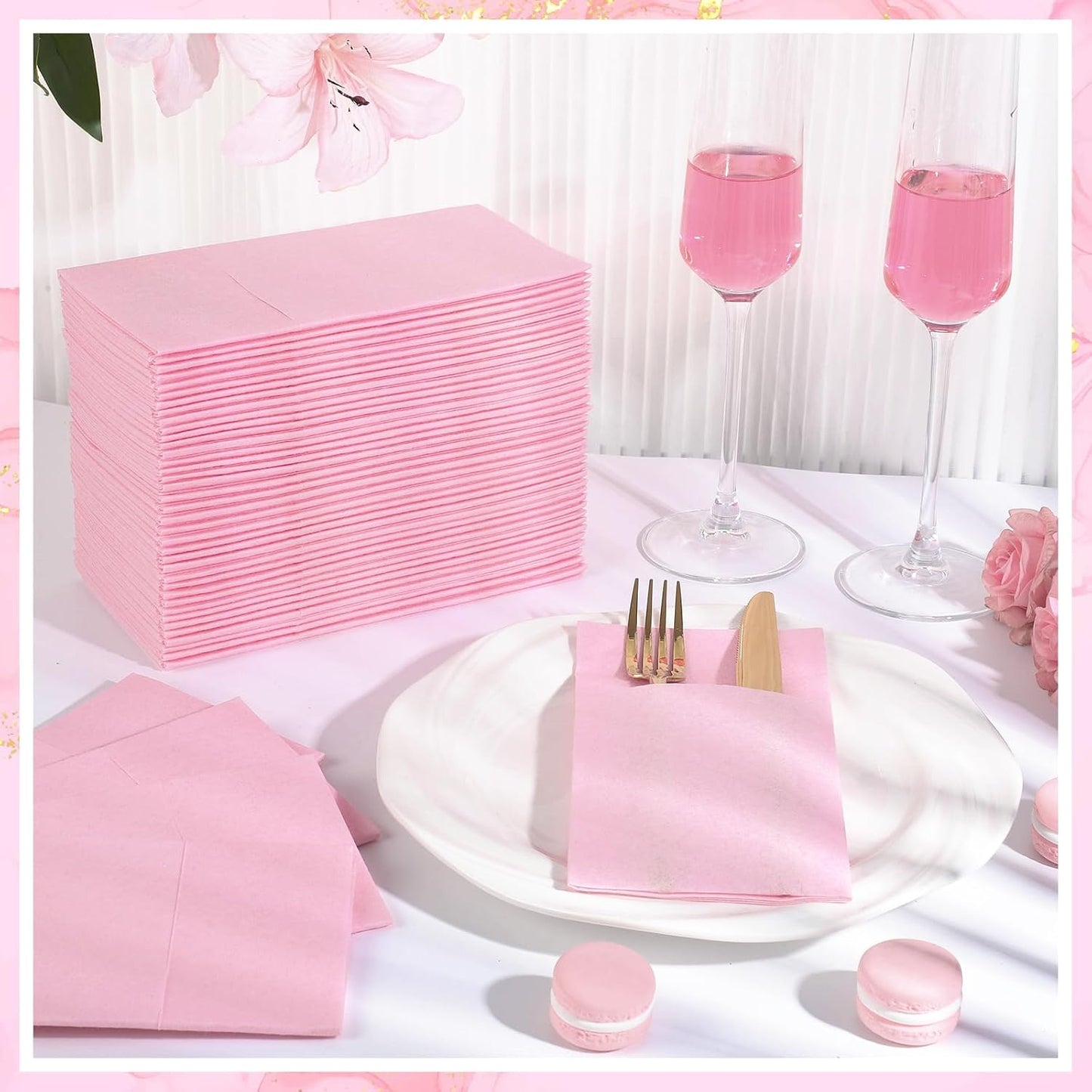 60 Pcs Pink Linen-Feel Paper Napkins with Built-in Flatware Pocket, Pocket Linen Napkin Prefolded Cloth Like Paper Napkins Bulk for Girls Birthday Baby Bridal Shower Tea Party Wedding
