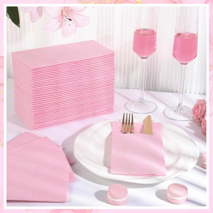 60 Pcs Pink Linen-Feel Paper Napkins with Built-in Flatware Pocket, Pocket Linen Napkin Prefolded Cloth Like Paper Napkins Bulk for Girls Birthday Baby Bridal Shower Tea Party Wedding
