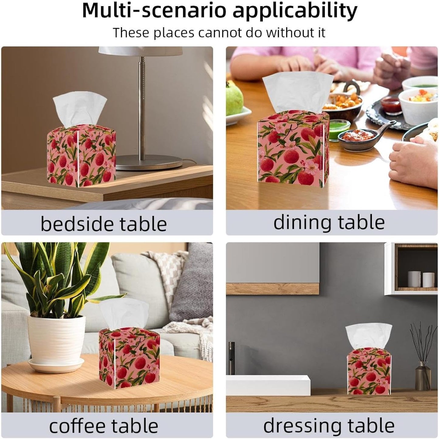 2 Pack Pink Peach Pattern (1) Tissue Box Cover, Square PU Leather Tissue Holder, Decorative Facial Tissue Cube Paper Organizer Dispenser for Bathroom, Night Stands, Desk, Car