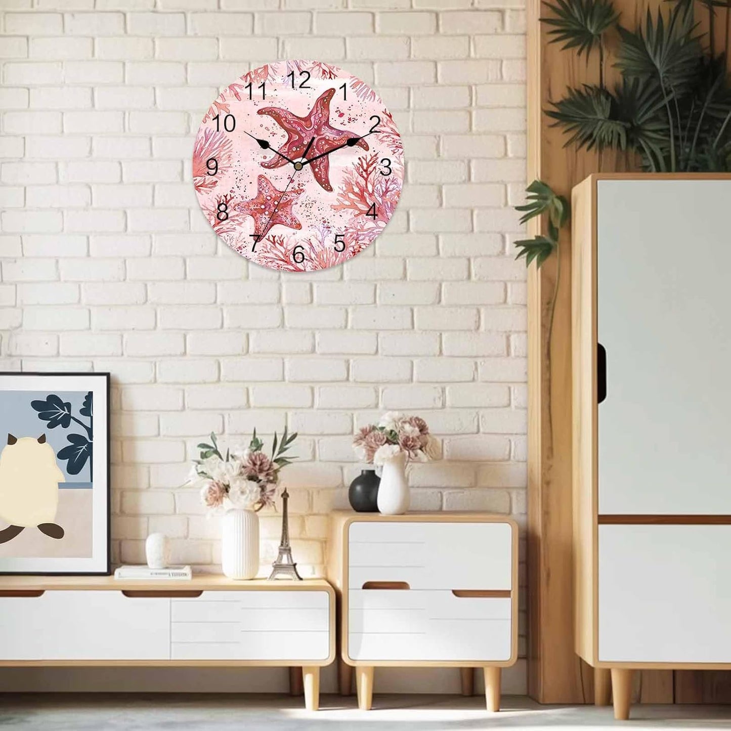 LooPoP Wall Clock Red Pink Starfish Clocks PVC Silent Non-Ticking Battery Operated Decorative Coastal Ocean Coral Round Clock for Home Living Room Kitchen Bedroom Office School Wall Decor 14 Inch