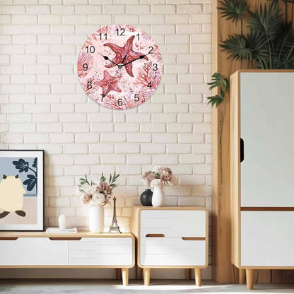 LooPoP Wall Clock Red Pink Starfish Clocks PVC Silent Non-Ticking Battery Operated Decorative Coastal Ocean Coral Round Clock for Home Living Room Kitchen Bedroom Office School Wall Decor 14 Inch