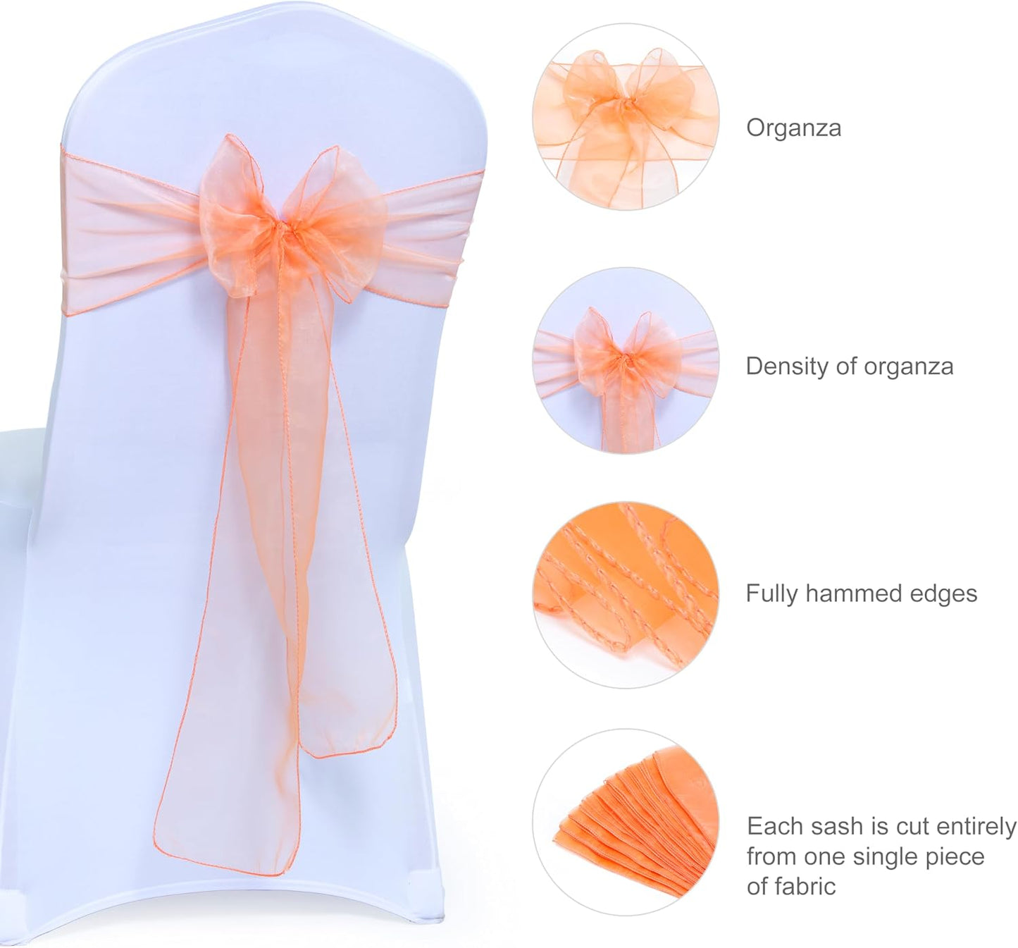 MDS® Pack of 50 Organza Chair Sashes for Wedding Decoration, Reusable Sheer Chair Bows for Banquet Chair Cover, Reception, Bridal Shower, Baby Shower, Birthday Party & Special Events - Peach