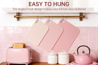 THETCHRY Plastic Cutting Board Set, Pink Cutting Board with Non-slip, Cutting Board for Kitchen Set of 3, Dishwasher Safe, BPA Free, Reversible, with Grip Handle, Pink