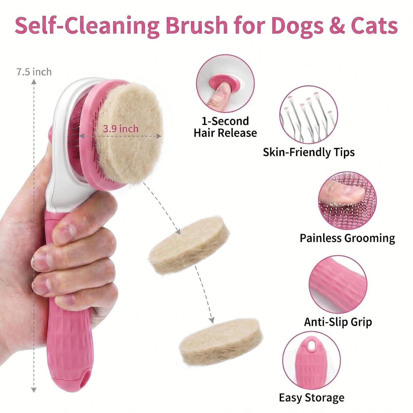 5PCS Dog Brush Grooming Kit with Self Cleaning Slicker Brush, Pink, | Deshedding Brush Kit for Dogs & Cats, Ideal for Short Long Hair, Daily Detangling & Home Bath Massage (5-in-1 Set)