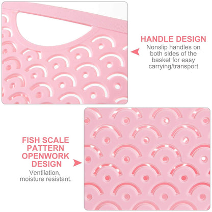 STARVAST 5 Pack Plastic Storage Baskets, Portable Pink Fish Scale Pattern Hollow Desktop Storage Bin Box with Handle for Kitchen, Bathroom, Kids Room or Nursery Storage – 9.4 x 7.1 x 4.1 inches