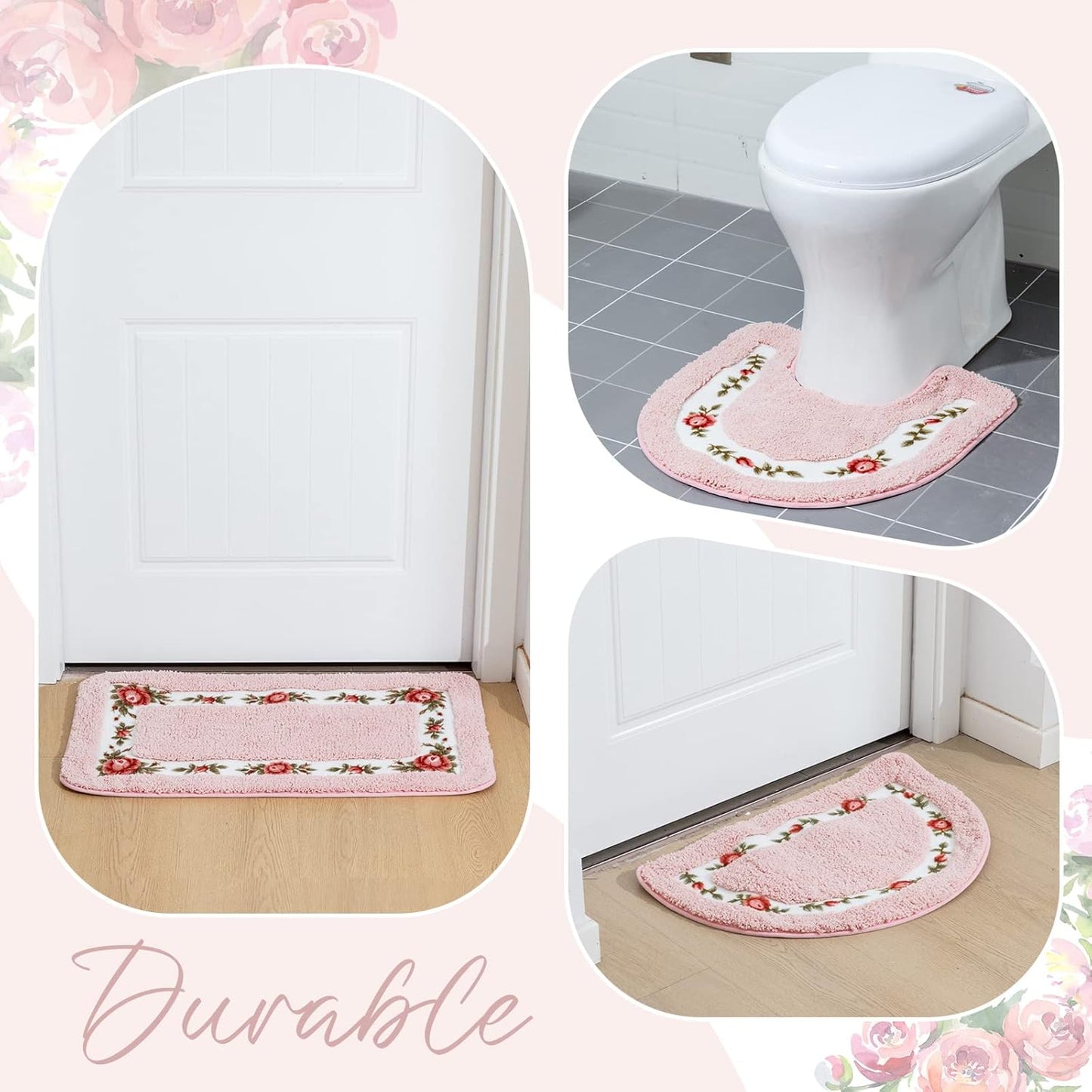 Timgle 4 Pcs Rose Flowers Coquette Bathroom Rugs Set Coquette Doom Decor Rose Flower Area Rugs Non Slip Absorbent Washable Door Mat Floral Bathroom Carpet for Home Hotel, 4 Shapes(Pink)