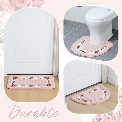 Timgle 4 Pcs Rose Flowers Coquette Bathroom Rugs Set Coquette Doom Decor Rose Flower Area Rugs Non Slip Absorbent Washable Door Mat Floral Bathroom Carpet for Home Hotel, 4 Shapes(Pink)