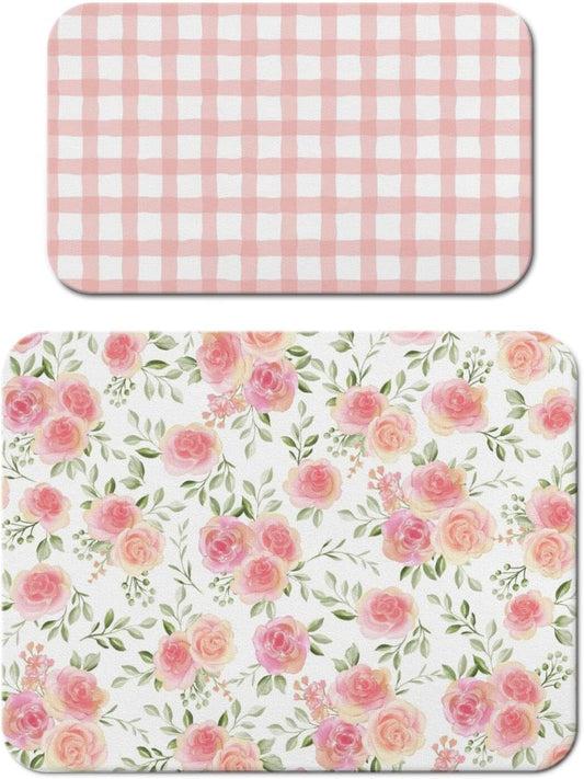 Dish Drying Mat for Kitchen Counter 2 Pack with Non-Slip Rubber Backing - Heat-Resistant Absorbent Coffee Bar Mat, Dish Rack Mat, Pink Flowers Dish Drying Mats 18x24+19.5x12 inch