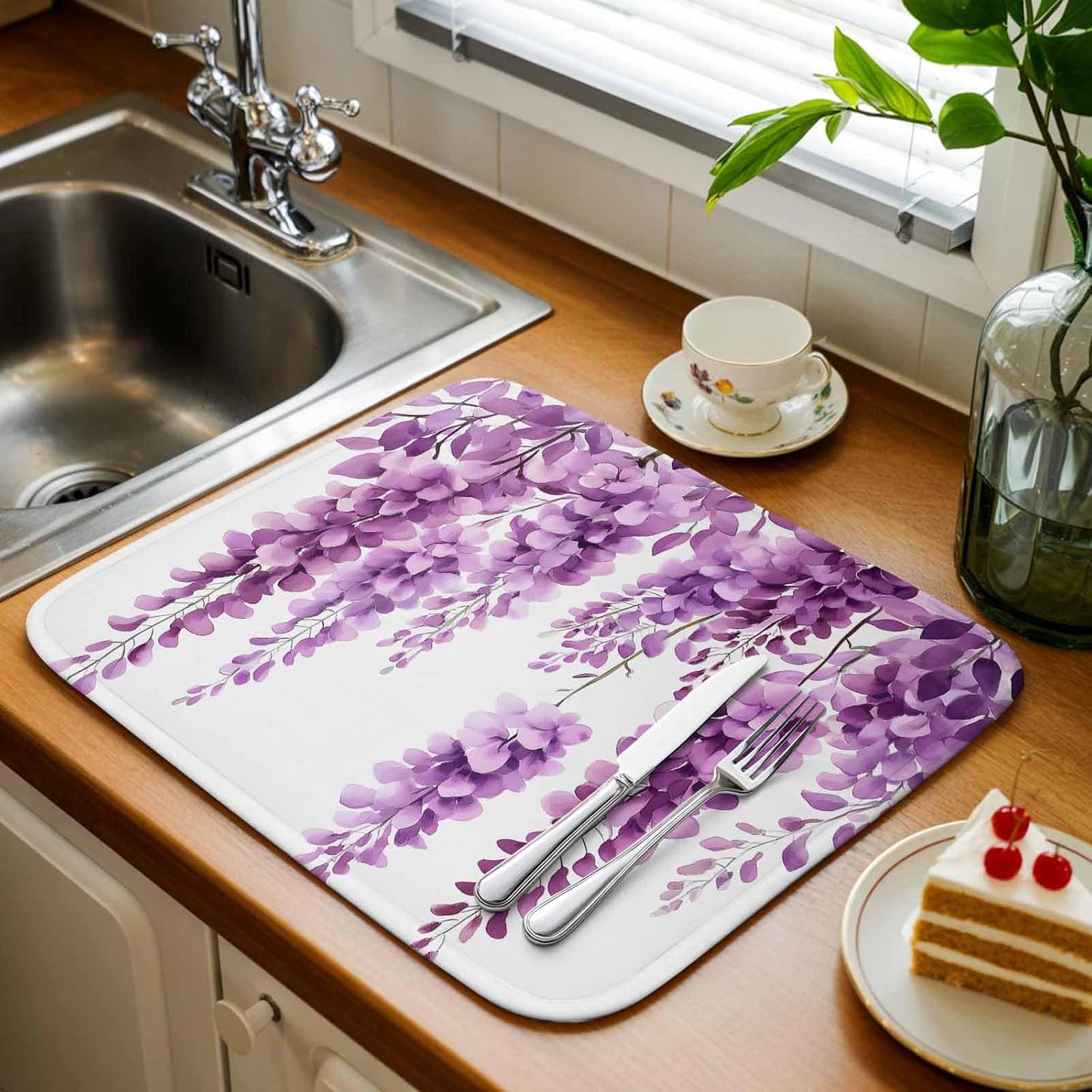 Dish Drying Mat 2 Pack 18" x 24" Wisteria Floral Absorbent Drying Mat for Kitchen Counter Light Pink Leaf Dish Drying Pad for Dishes Cups and Glassware Coffee Bar Accessories