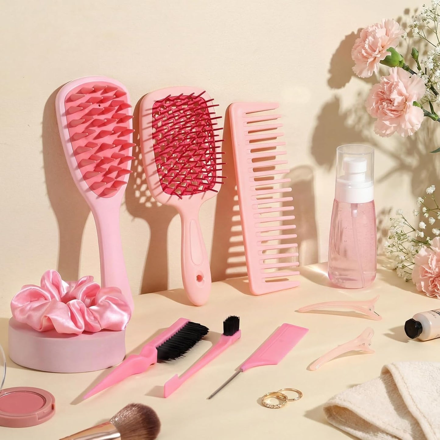 auroray 16 Pcs Pink Hair Brush Set for Women Girls - Scalp Scrubber with Handle, Detangle Hair Brush, Spray Bottle, Edge Bristles Wide Tooth Brushes Rat Tail Comb for Travel Home Use Hair Stuff