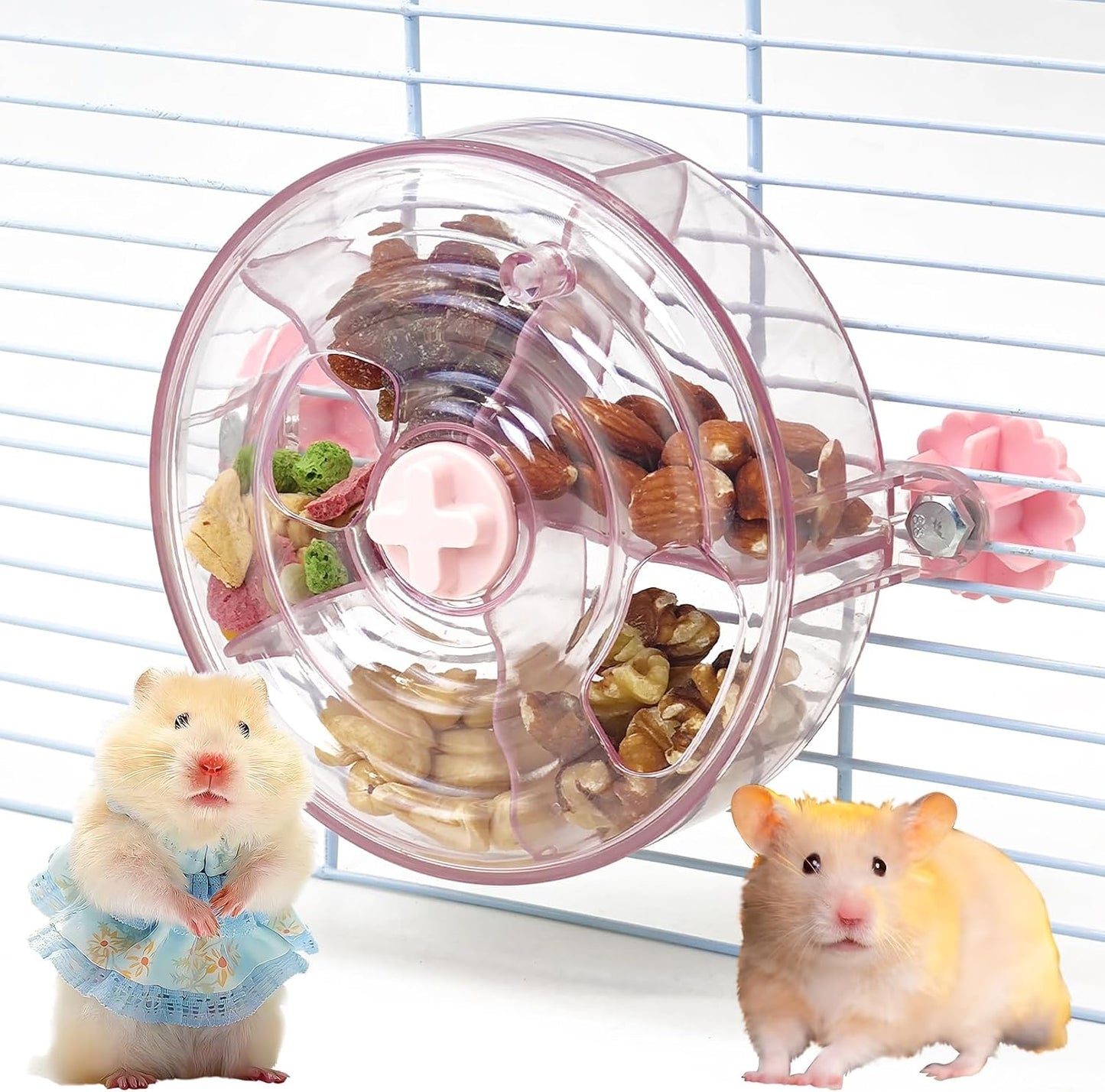 VCEPJH Rat Foraging Toy Interactive Slow Feeder with Transparent Rotating Treat Dispenser Wheel for Enrichment Activities Pet Rat Cage Accessories Ideal for Syrian Hamster Gerbil Mice (Pink)