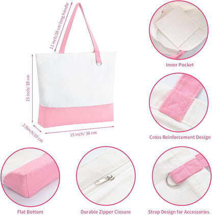 6 Pack Canvas Tote Bags with Zipper, Blank Reusable Grocery Bags, Widened Washable Bag with Inner Pocket, Shopping Travel Large Tote Bags for DIY Heat Transfer, Christmas Craft Gift (Pink/White)