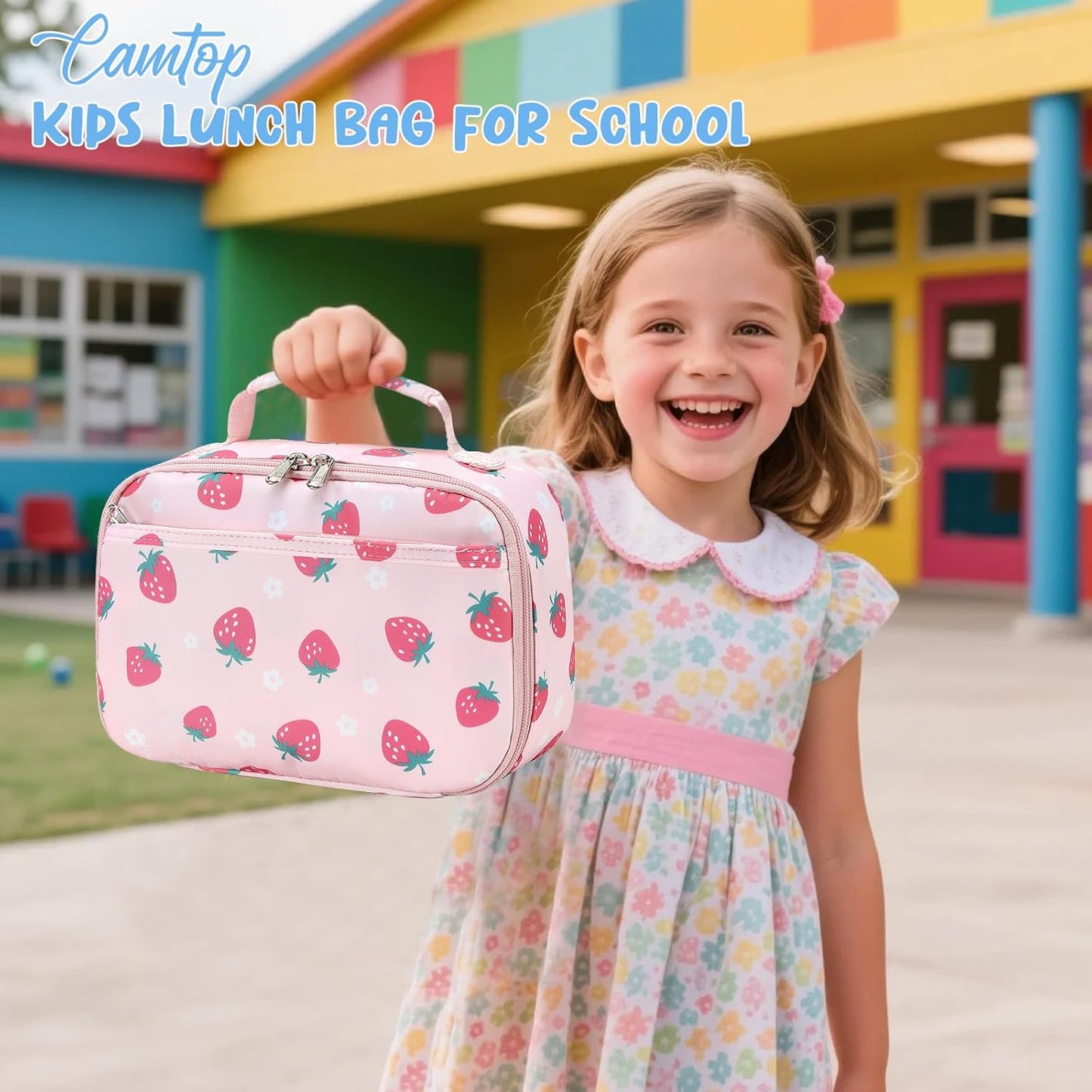 CAMTOP Lunch Box Kids Boys Girls Insulated Lunch Cooler Bag Reusable Lunch Tote Kit for School Travel (Pink Strawberry)