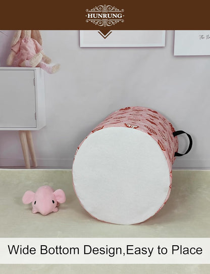 Heart Collapsible Fabric Storage Basket, Waterproof Laundry Hamper with Handles, Round Storage Bin for Clothes Toys, Foldable Organizer for Bedroom Nursery Bathroom(Round-Pink Love Heart)