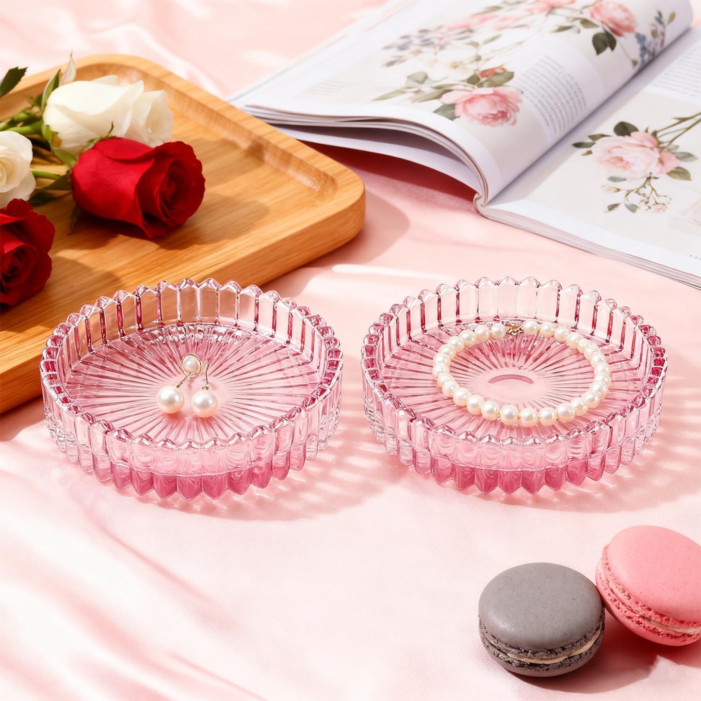 5 Pack Clear Glass Coaster for Drinks, Crystal Coasters Round Cup Coaster with Beads Edge, Coffee Table Decor for Restaurant bar Kitchen Dining Table (Pink)