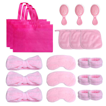 18 Pcs Sleepover Party Supplies for Girls, Sleepover Stuff Eye Mask Spa Headband Hair Scrunchie Tote Bag, Slumber Party Supplies for Women, Wash Cloths Hairbrush Sleeping Stuff Accessories (Pink)