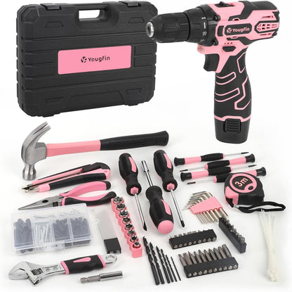 12V Pink Cordless Drill Set 195PCS Hand Tool Combo Kit Small Compact Electric Screwdriver Set Portable Power for Home DIY&Repair Driver Machine with Battery & Charger Gift Box for Women