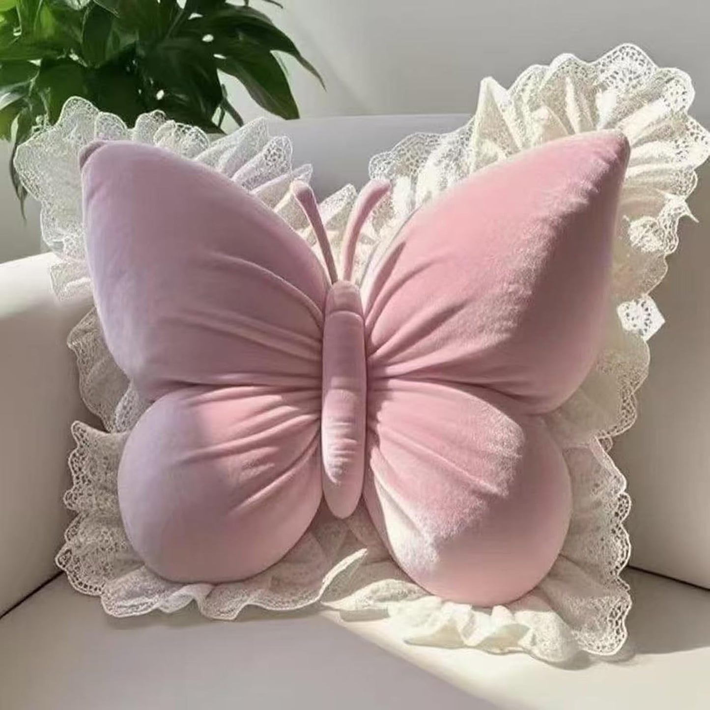 Butterfly Throw Pillow with Lace Edge, 20 inch Velvet Butterfly Decorative Pillow, Animal Pillow for Couch Living Room Bed,Home Decor, Office Chair, Car Seat (Pink)