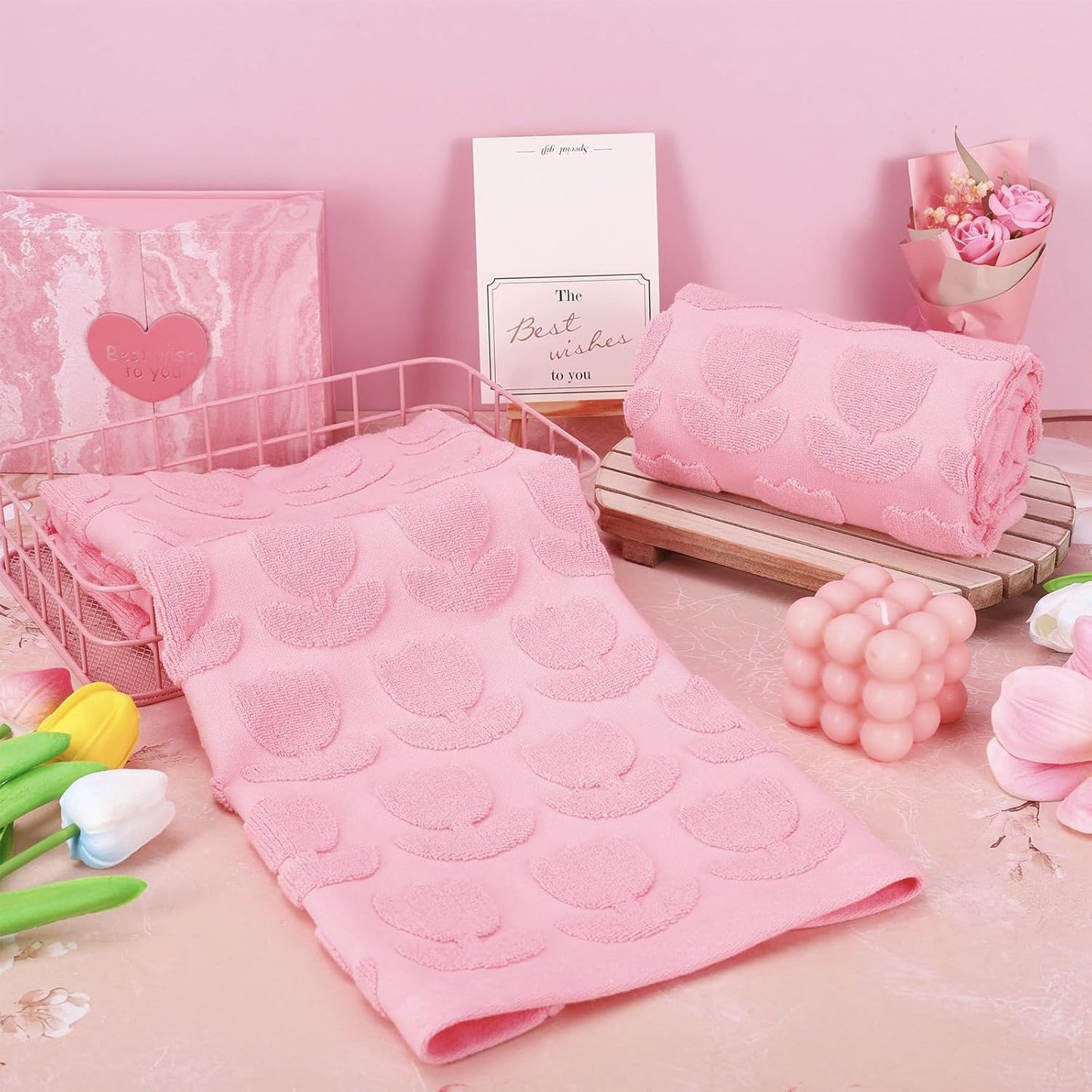 AnyDesign 2Pcs Tulip Hand Towels Jacquard Cotton Bath Towel Spring Pink Floral Flower 3D Decorative Kitchen Dish Towel for Summer Home Bathroom Kitchen Decor Gift Set, 29.5 x 13.8 Inch