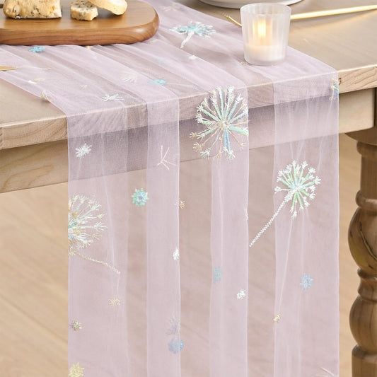Artoid Mode Sequin Dandelion Floral Pink Gauze Embroidery Table Runner 120 Inch 10FT, Tulle Spring Kitchen Dining Holiday Table Decor for Home Party